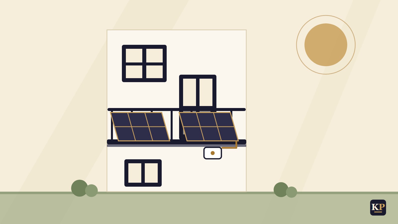 Flache Illustration: Solarmodule am Balkongeländer einer Hausfassade
