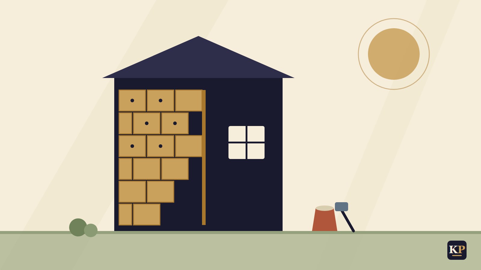 Flache Illustration: Hauswand mit halb montierten Dämmplatten und Mörteleimer