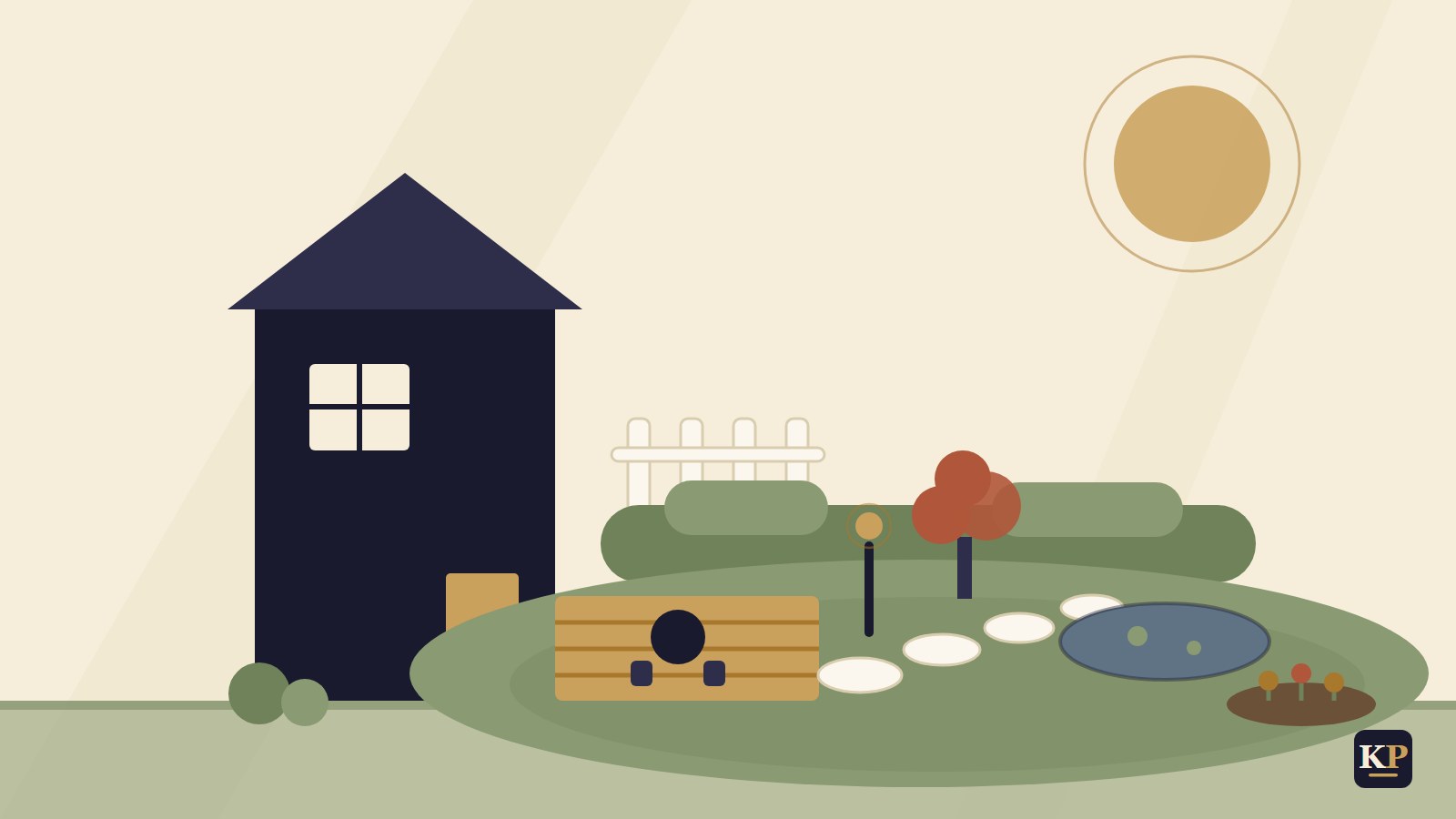 Flache Illustration: Außenbereich am Haus mit Terrasse, Weg, Leuchte, Teich und Beeten