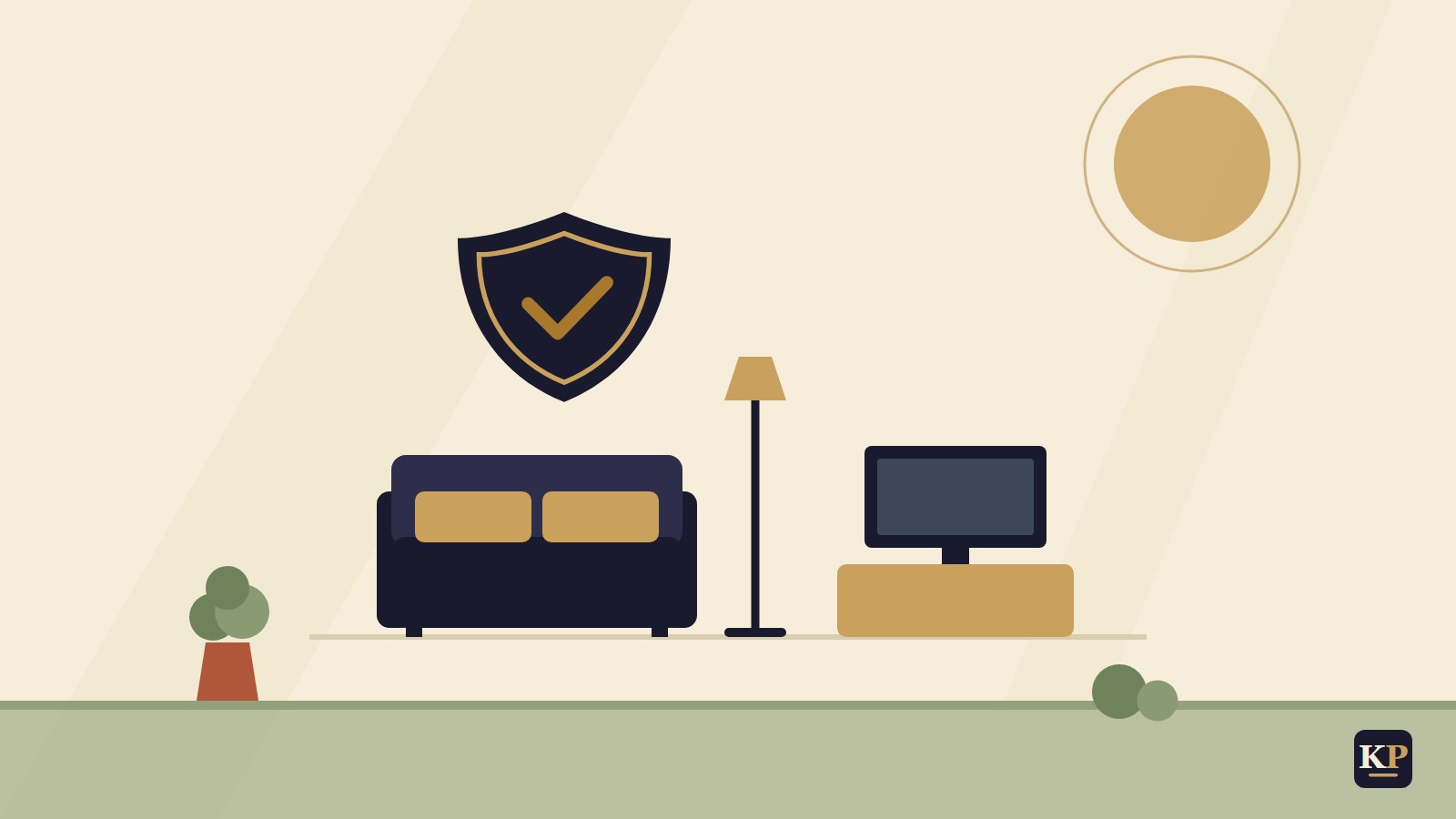 Flache Illustration: Wohnzimmer mit Sofa, Lampe, Fernseher und Schutzschild