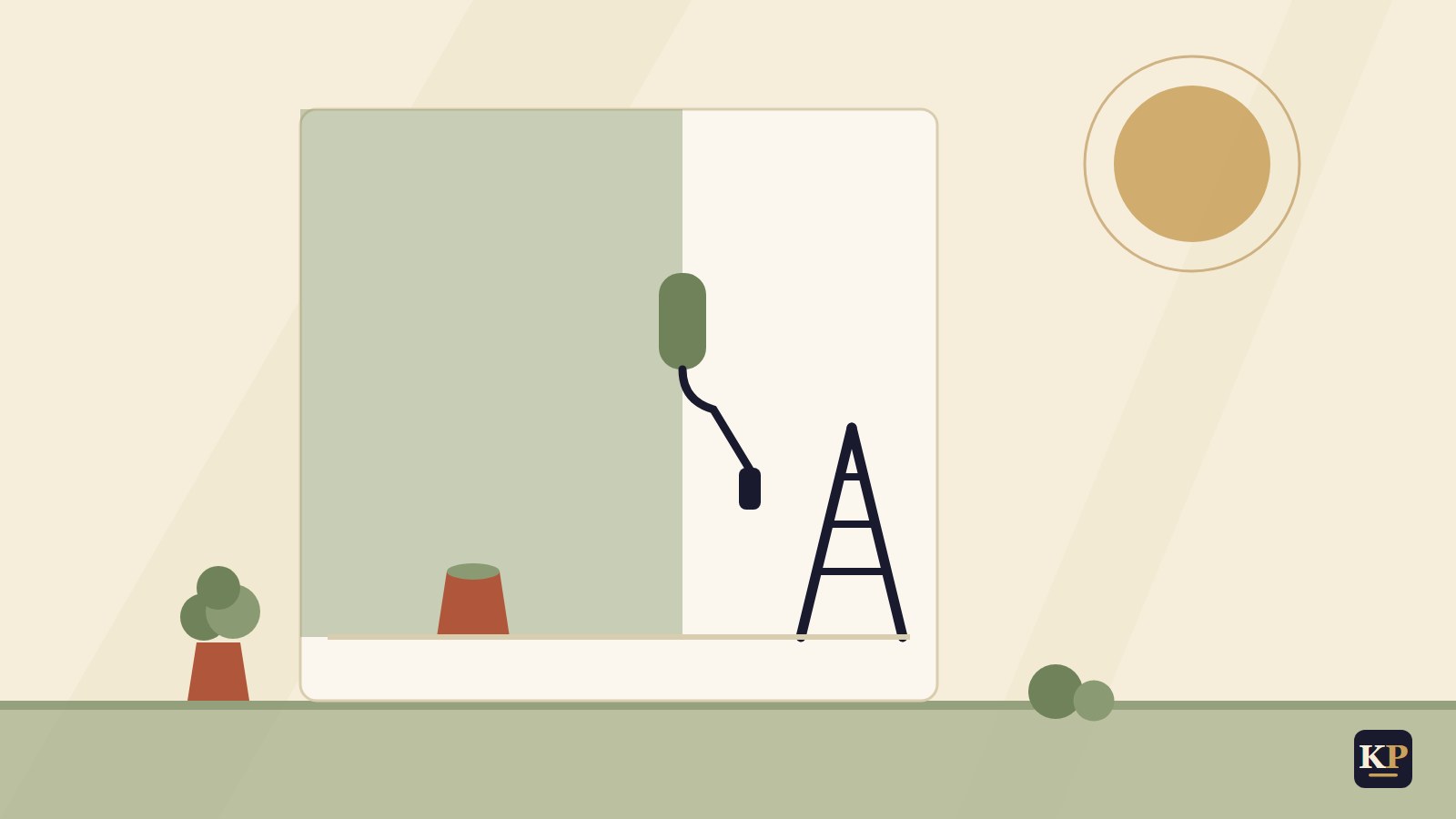 Flache Illustration: Halb gestrichene Wand mit Farbroller, Leiter und Farbeimer
