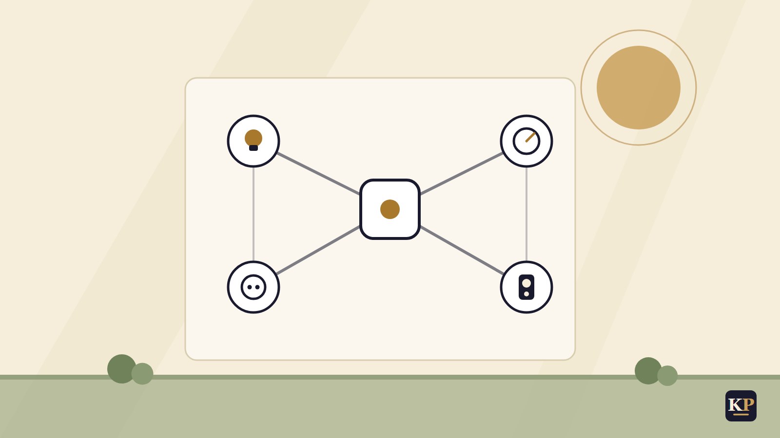 Flache Illustration: Smart-Home-Netz mit Hub und verbundenen Geräteknoten