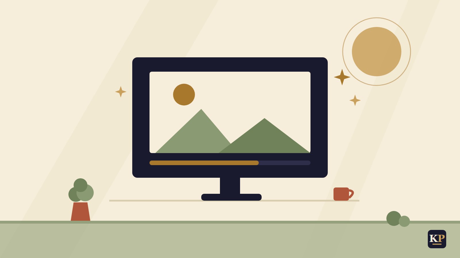 Flache Illustration: Monitor mit entstehendem Landschaftsbild und Funkeln