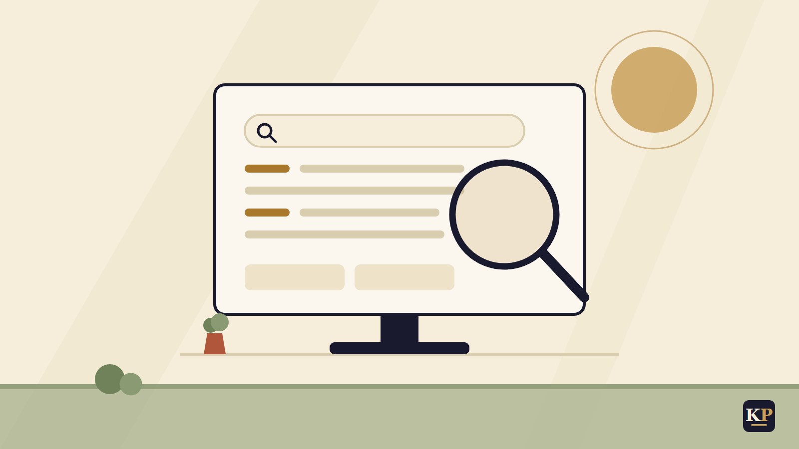 Flache Illustration: Monitor mit Suchleiste, Ergebniszeilen und großer Lupe