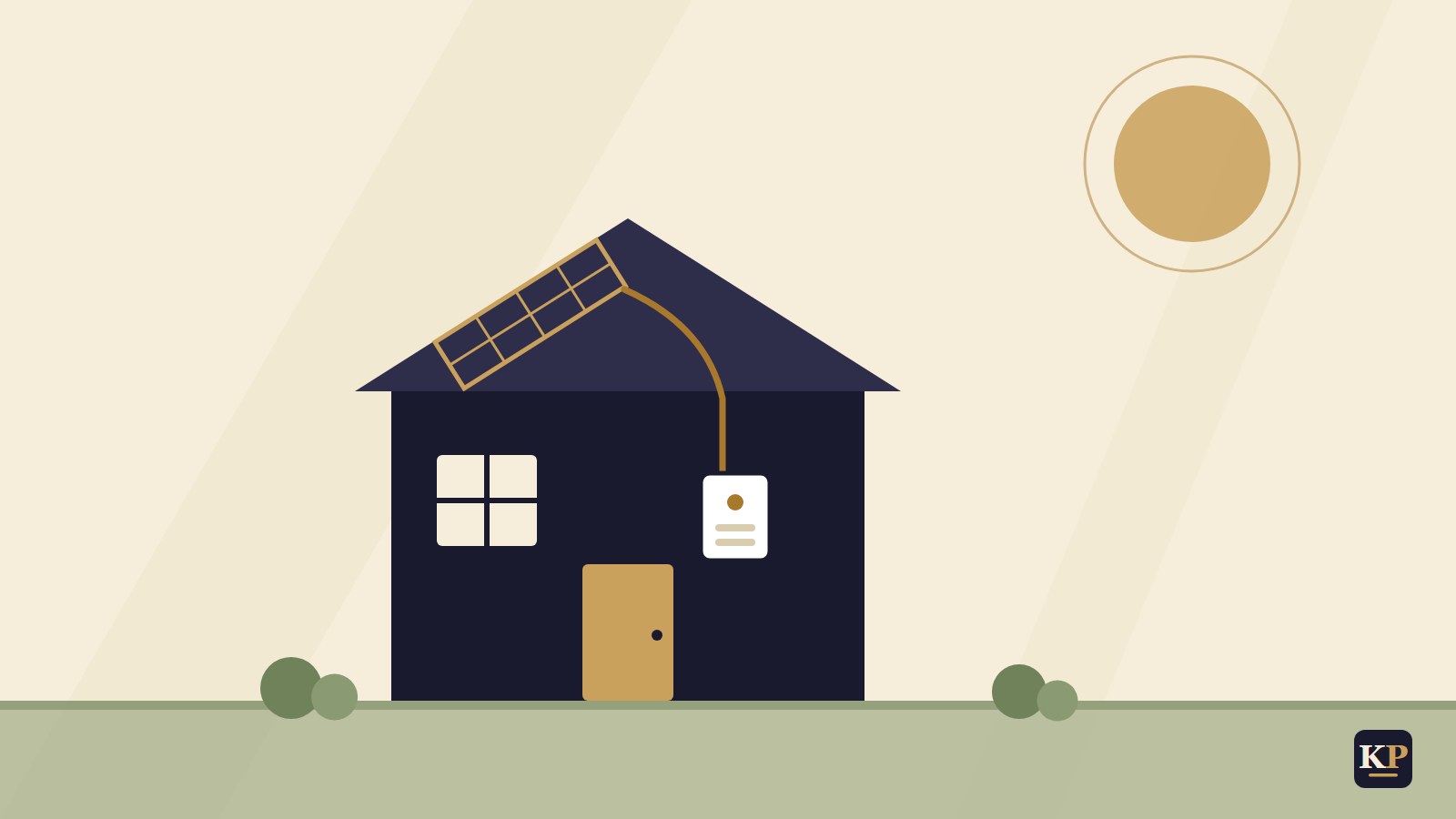 Flache Illustration: Hausdach mit Solarmodulen, Kabel und Wechselrichter