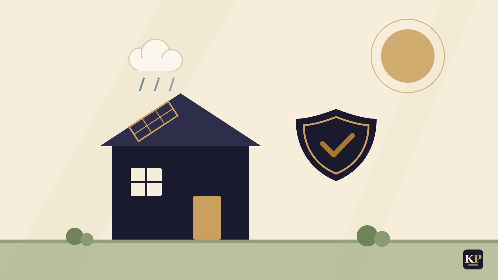 Flache Illustration: Solardach mit Regenwolke und Schutzschild
