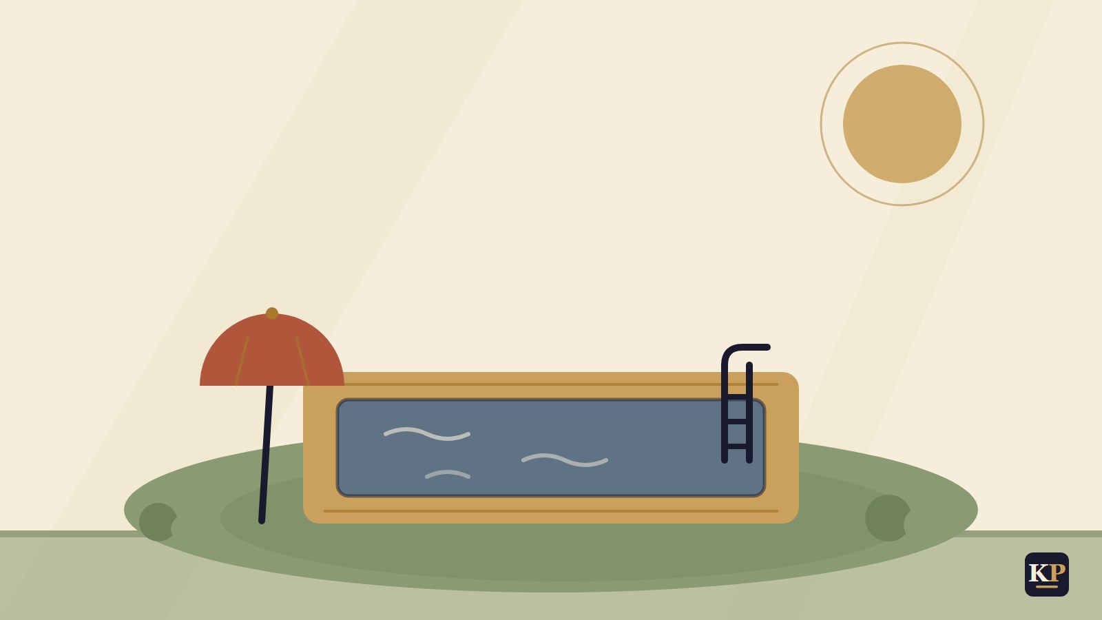 Flache Illustration: Eingelassener Gartenpool mit Holzdeck, Leiter und Sonnenschirm
