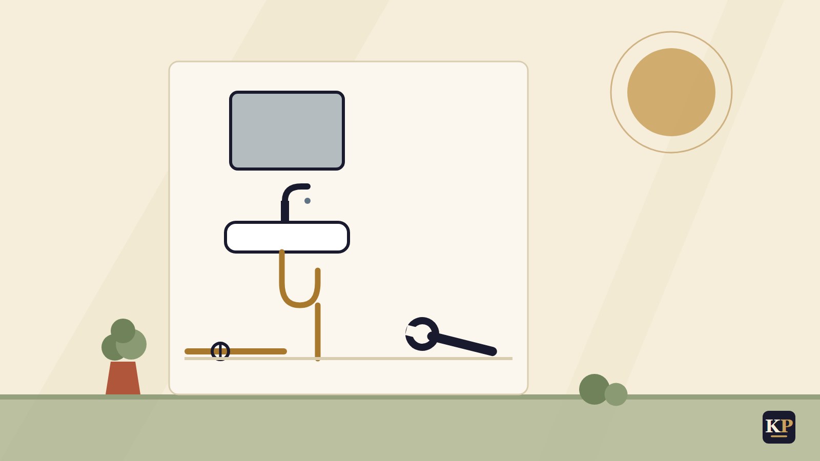 Flache Illustration: Waschbecken mit Siphon, Spiegel, Rohrleitung und Schraubenschlüssel