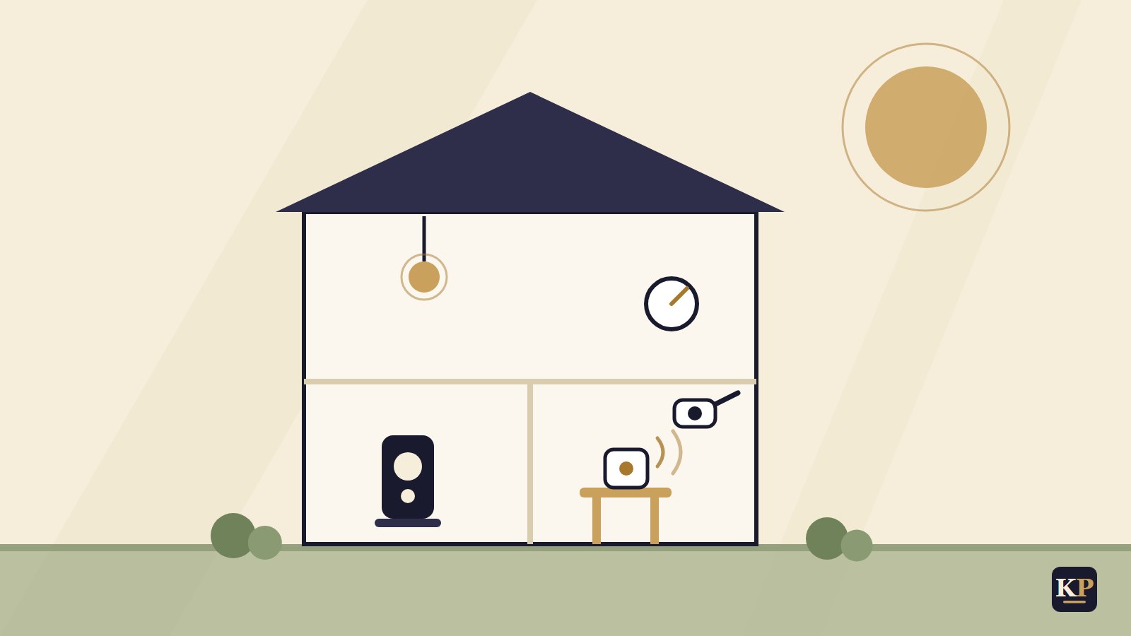 Flache Illustration: Haus im Schnitt mit Lampe, Thermostat, Lautsprecher und Kamera
