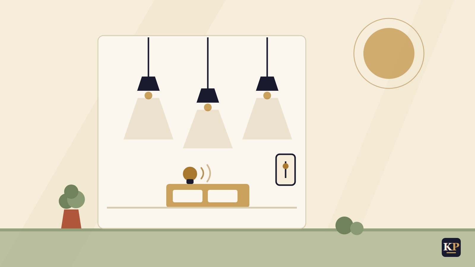 Flache Illustration: Pendelleuchten mit Lichtkegeln, smarter Glühbirne und Dimmer