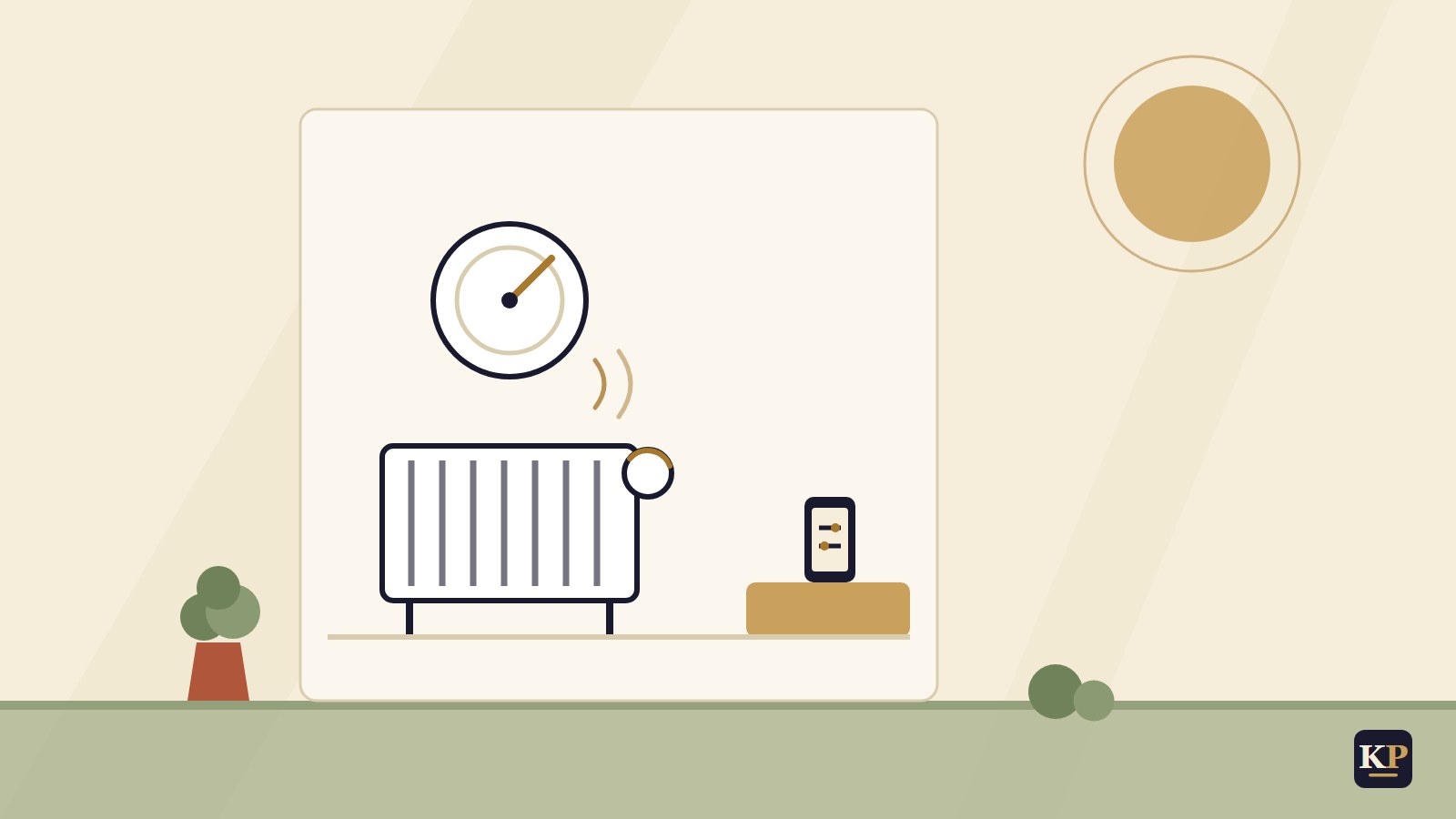 Flache Illustration: Heizkörper mit smartem Ventil, Wandthermostat und Smartphone