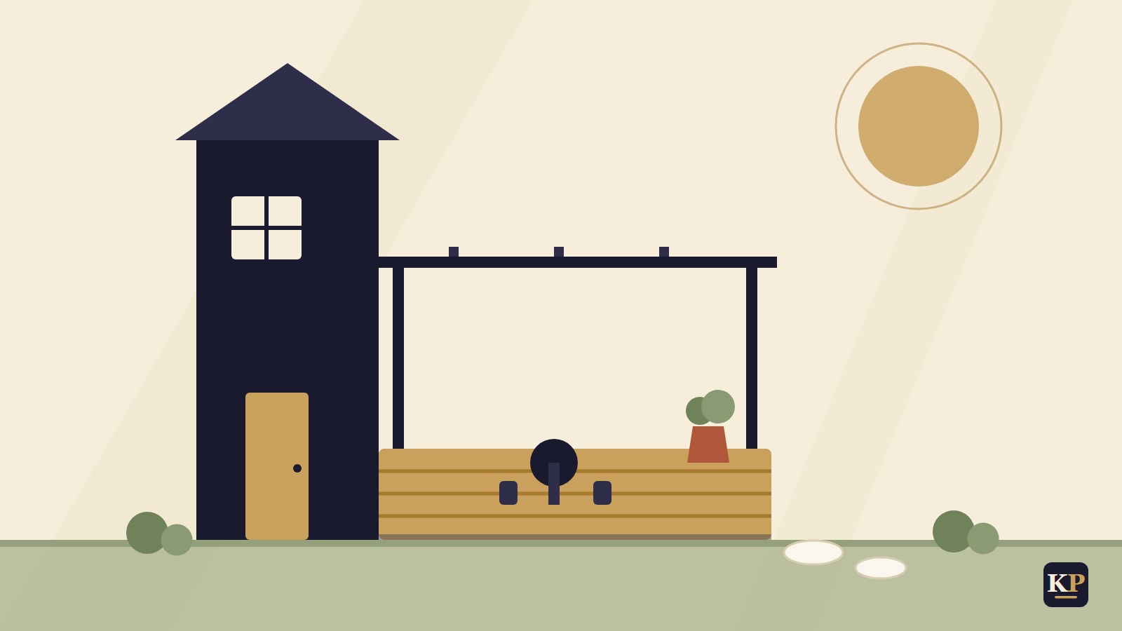 Flache Illustration: Holzterrasse mit Pergola am Haus, Möbeln und Gartenweg