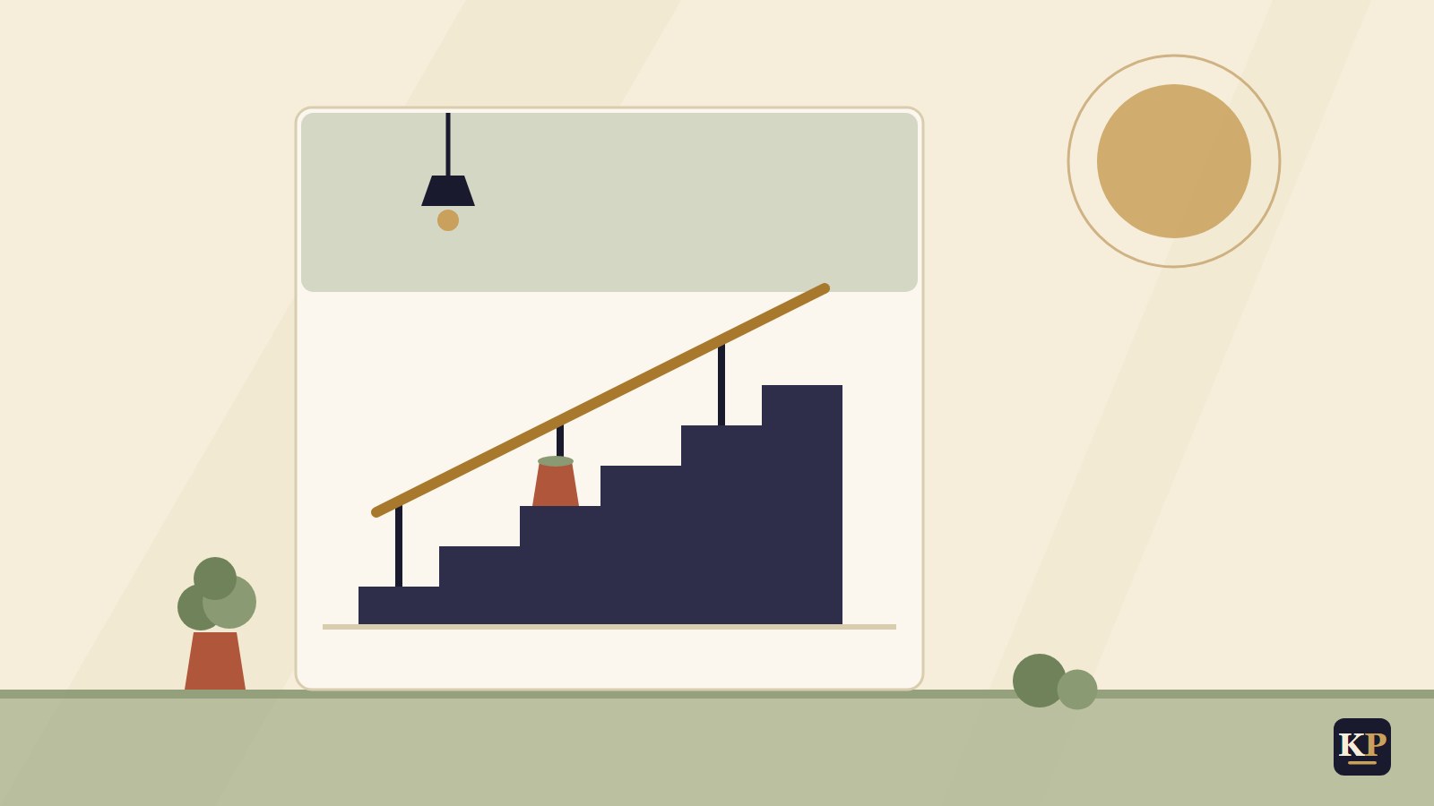 Flache Illustration: Treppe mit Handlauf, frisch gestrichener Wand und Farbeimer