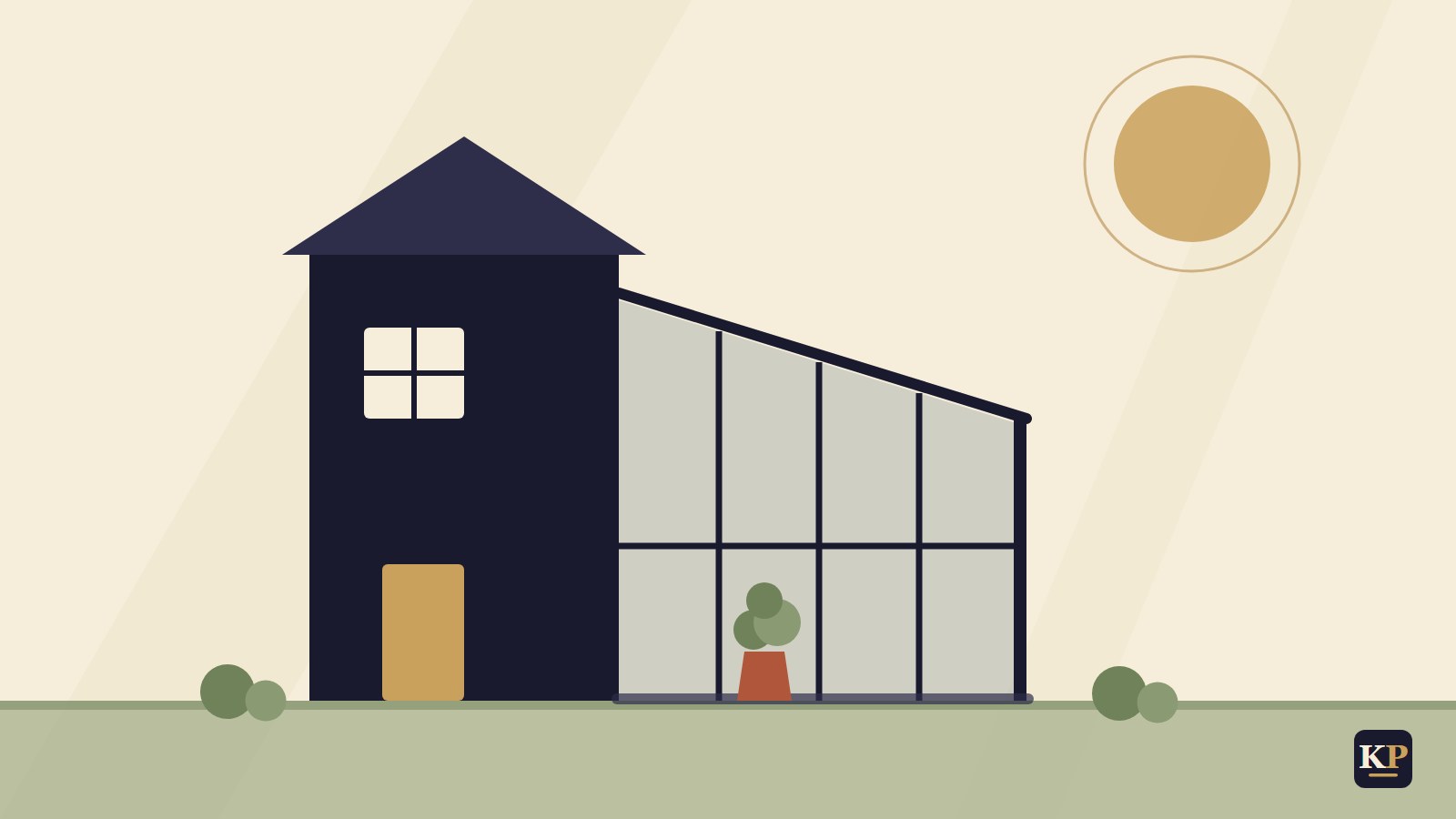 Flache Illustration: Haus mit angebautem verglastem Wintergarten und Pflanze