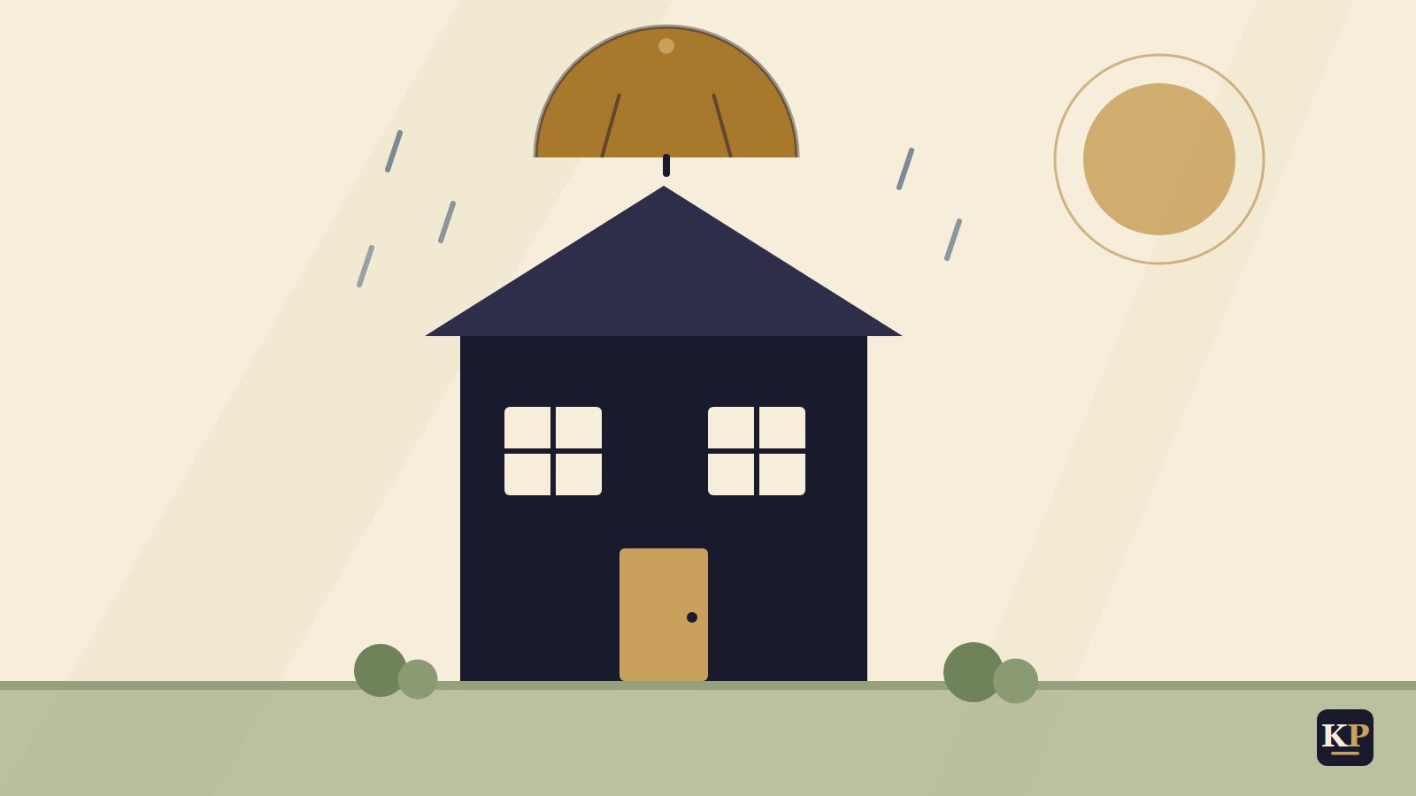 Flache Illustration: Wohnhaus unter schützendem Schirm bei Regen